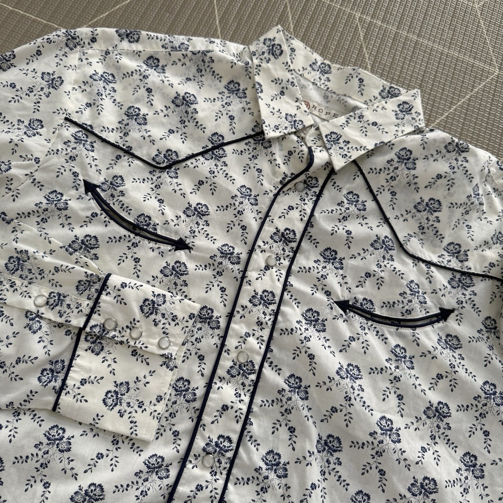 Roper Men's Floral Print Western Shirt Size XL Pearl‎ Snaps White & Blue